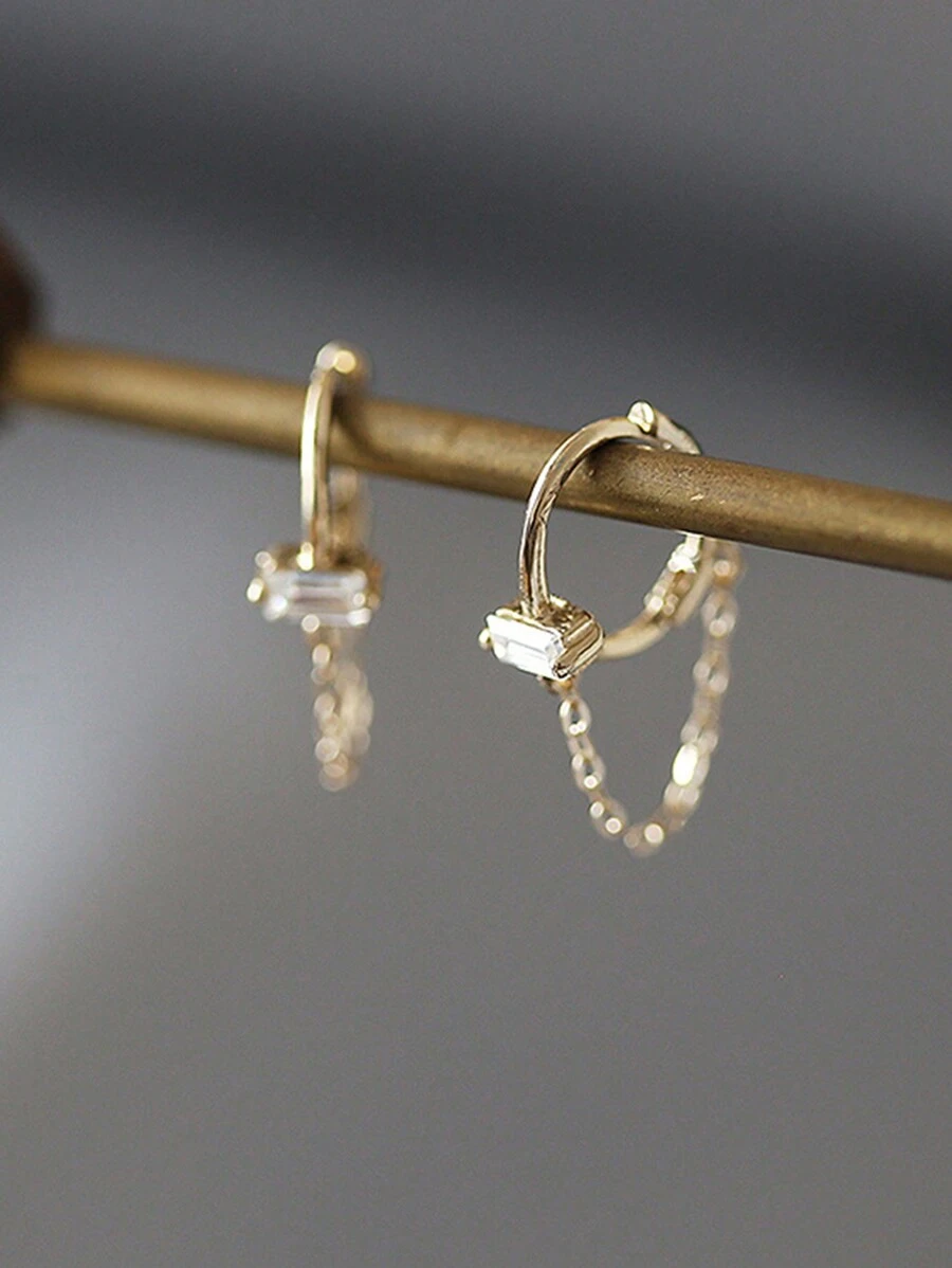 1 Pair S925 Sterling Silver Square Cubic Zirconia Tassel Chain Hoop Earrings, Classic Jewelry Gift For Women, Wedding/Date