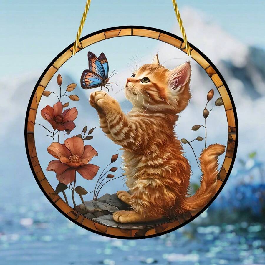 1pc Acrylic Small Cat & Butterfly Sun Catcher, 2D Painted Glass Window Hanging Decor, Suitable For Porch, Patio, Garden, Bedroom, Gift For Pet Lovers,Home Decor ,Room Decor,Wall Decor