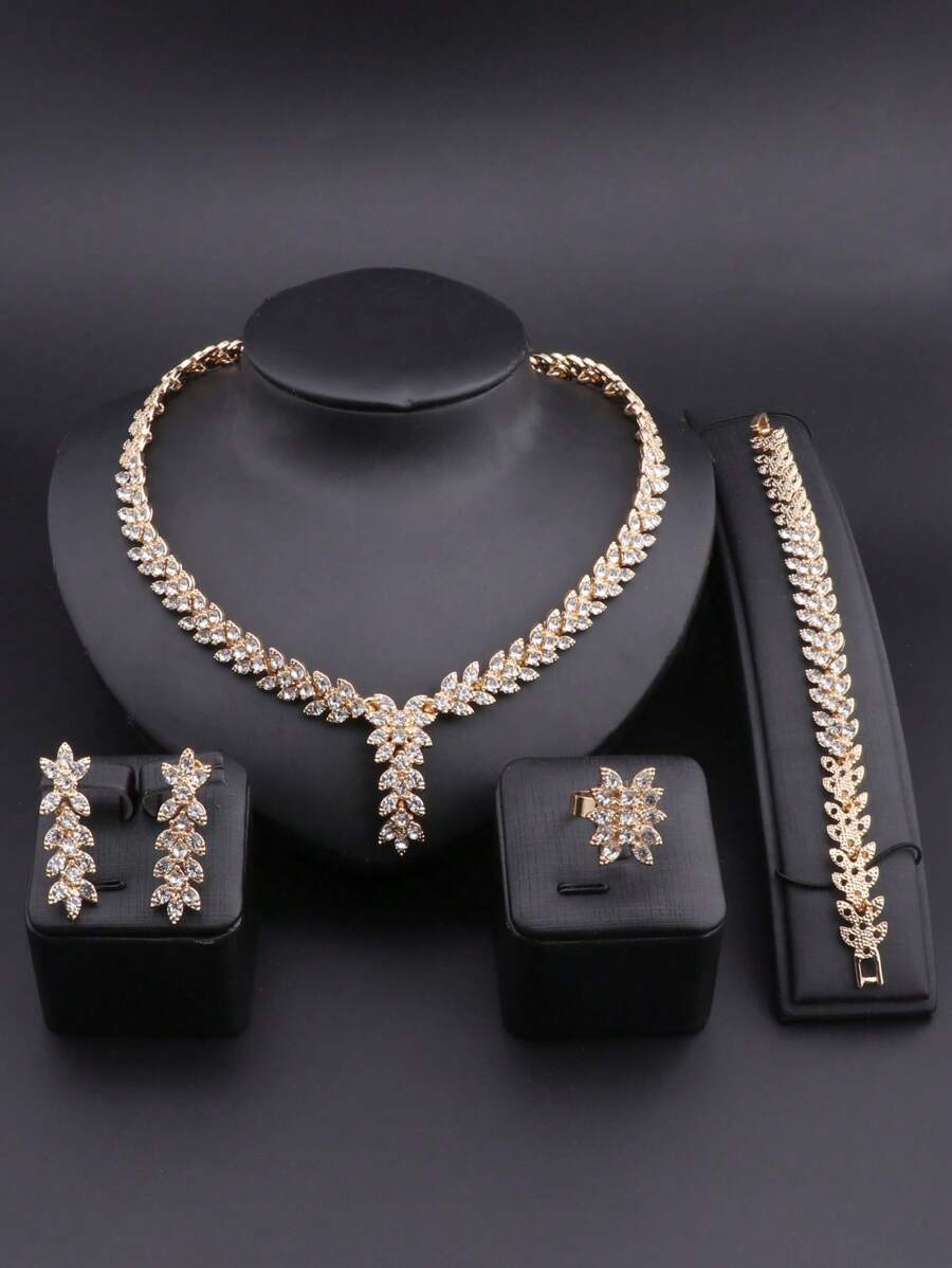 1 Sets Women Party Fashion Leaf Shape Rhinestones Necklace Earring Bracelet Ring Wedding Costume Jewelry Set For Brides