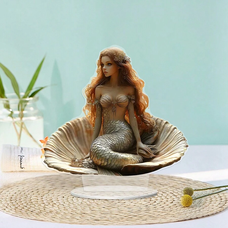1pc Elegant 2D Acrylic Mermaid On Shell Desktop Decor, Modern Home, Office, Cafe, Girls Room Decoration Best