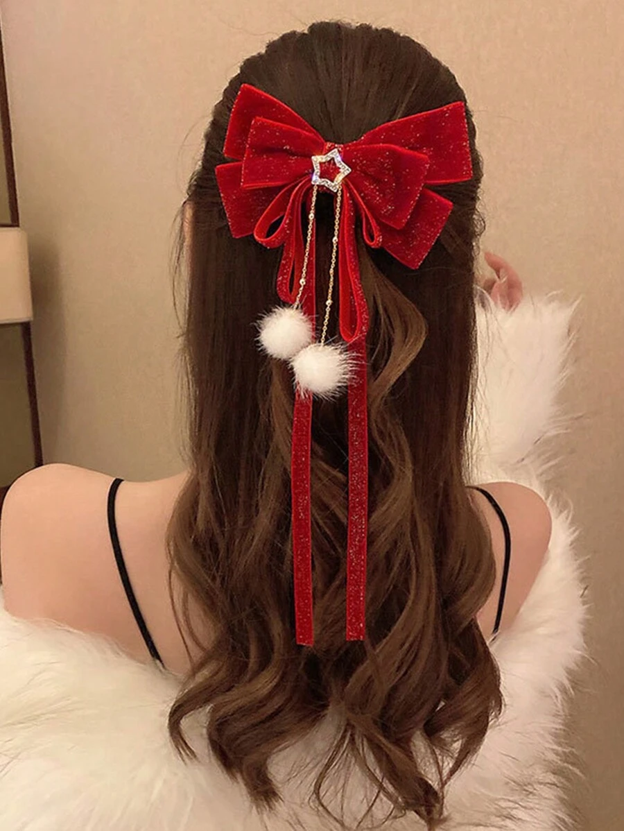 1 pezzo Fermaglio per capelli con fiocco e nappine rosse, Fermaglio per capelli con alligatore e strass, Decorazione per coda di cavallo con stelline di velluto, adatto per il Ringraziamento, il Capodanno cinese e altre festività come San Valentino