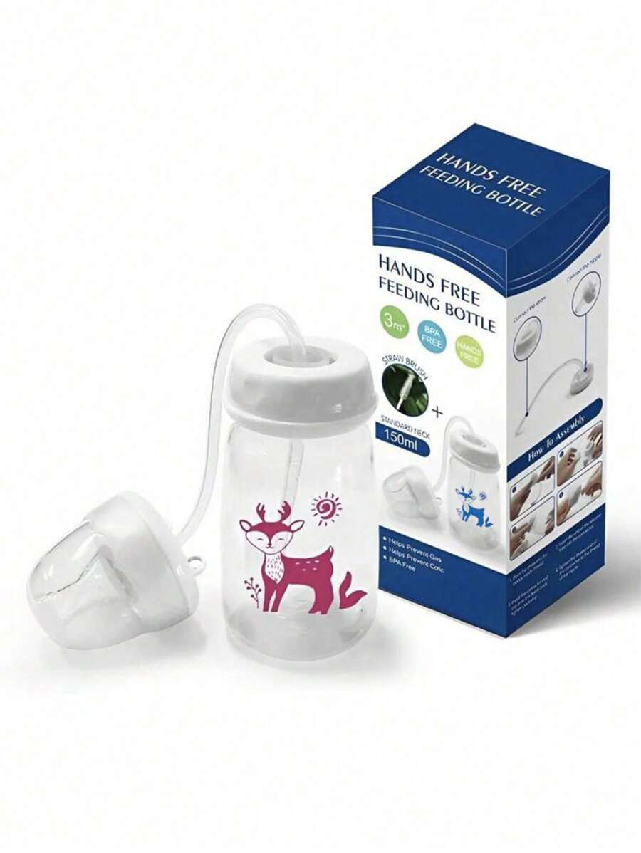 1 pieza Biberón de 5oz/150ml para alimentación de bebé con cuello normal y manos libres, con tapa de rosca, cepillo y tetina anticólicos, color rosa, para Navidad