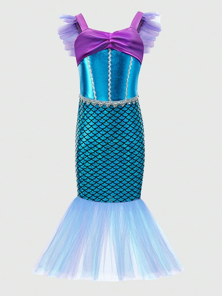 Blue Mermaid Scale Young Girl Party Dress