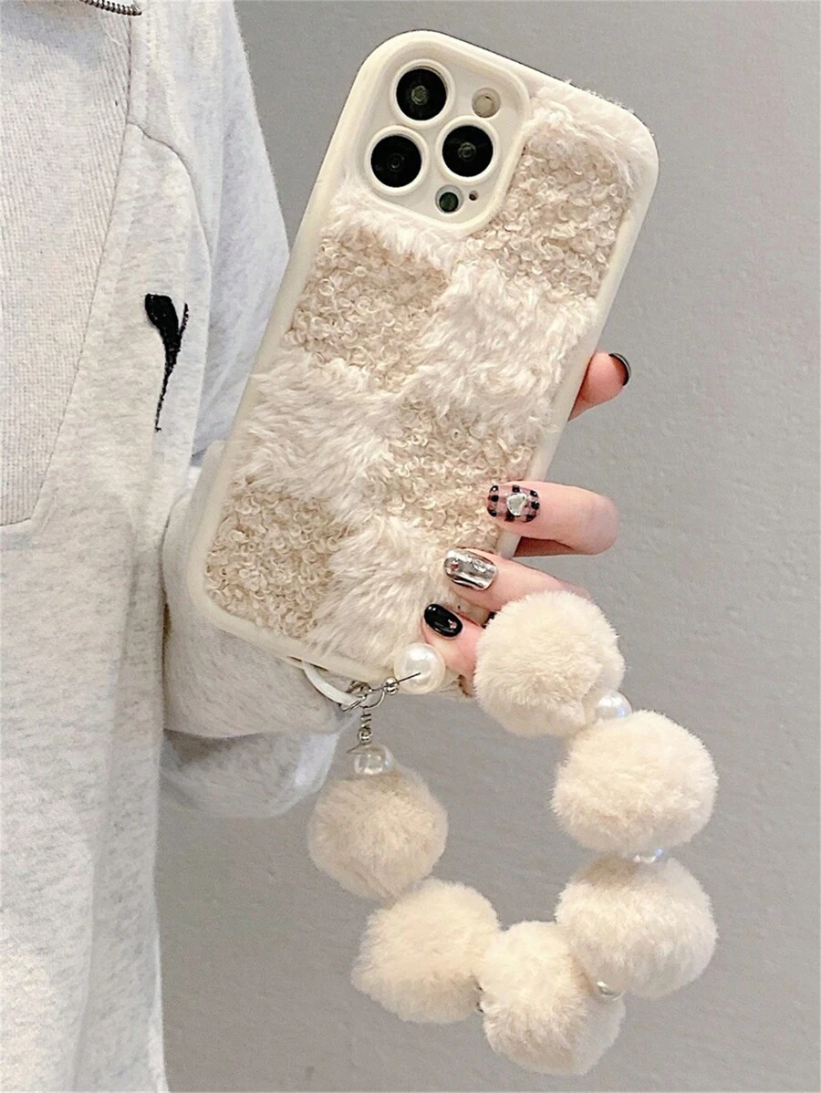 Winter Stylish Grid Splicing Plush Fabric Soft Phone Case Compatible With IPhone 16 11 12 13 14 15 Pro Max X XR XS Max Fur Wristband Shockproof Back Cover