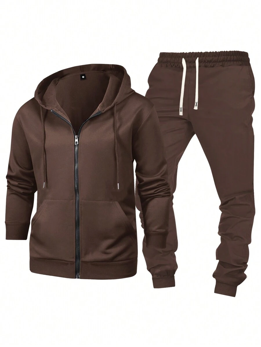 2pcs Set Men's Solid Color Plain Long Sleeve Sweatshirt And Pants Casual Sports Outfit For Travel, Outdoor Camping