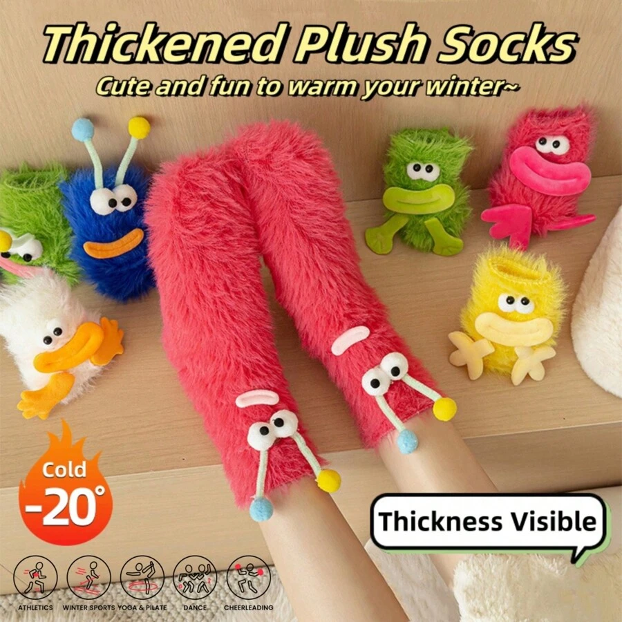 1 Pair Ultra Thick Thermal Lined Socks, Unisex Casual Sports Socks For Winter, Snow Socks, Warm Thermal Mid-Calf Socks, Funny Face Plush Long Tube Slippers Socks, Extra Thick Sleep Socks, Cute Furry Snow Socks, Thick Warm Floor Socks, Fluffy Couple Socks, Adorable Warm Socks, Creative Gift For Family And Friends