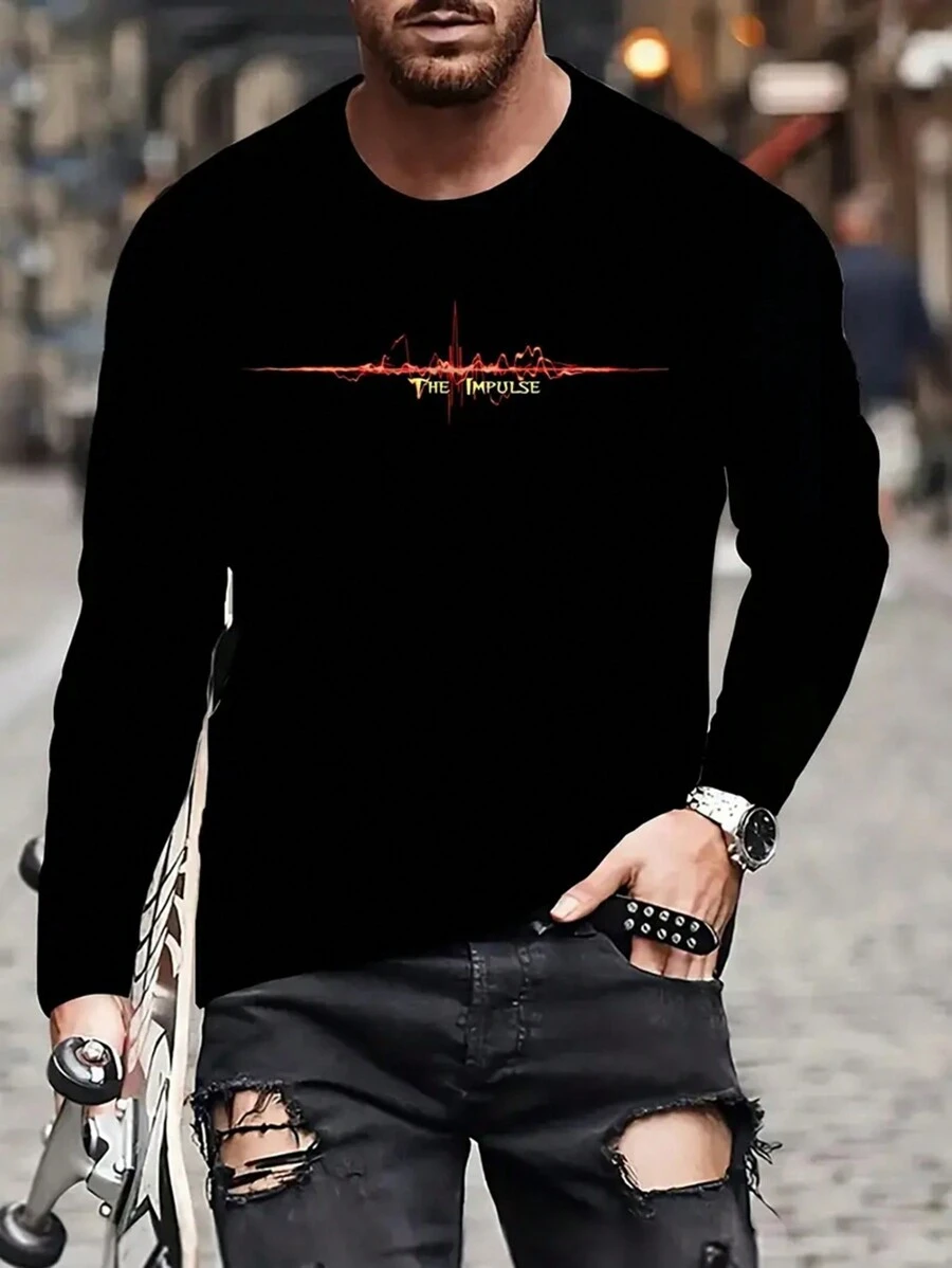 Men's Fashion 3D Cool Wave & Letter Print Long Sleeve T-Shirt, Casual Sport Comfort Crew Neck Top, Casual Style Spring Stylish Tee