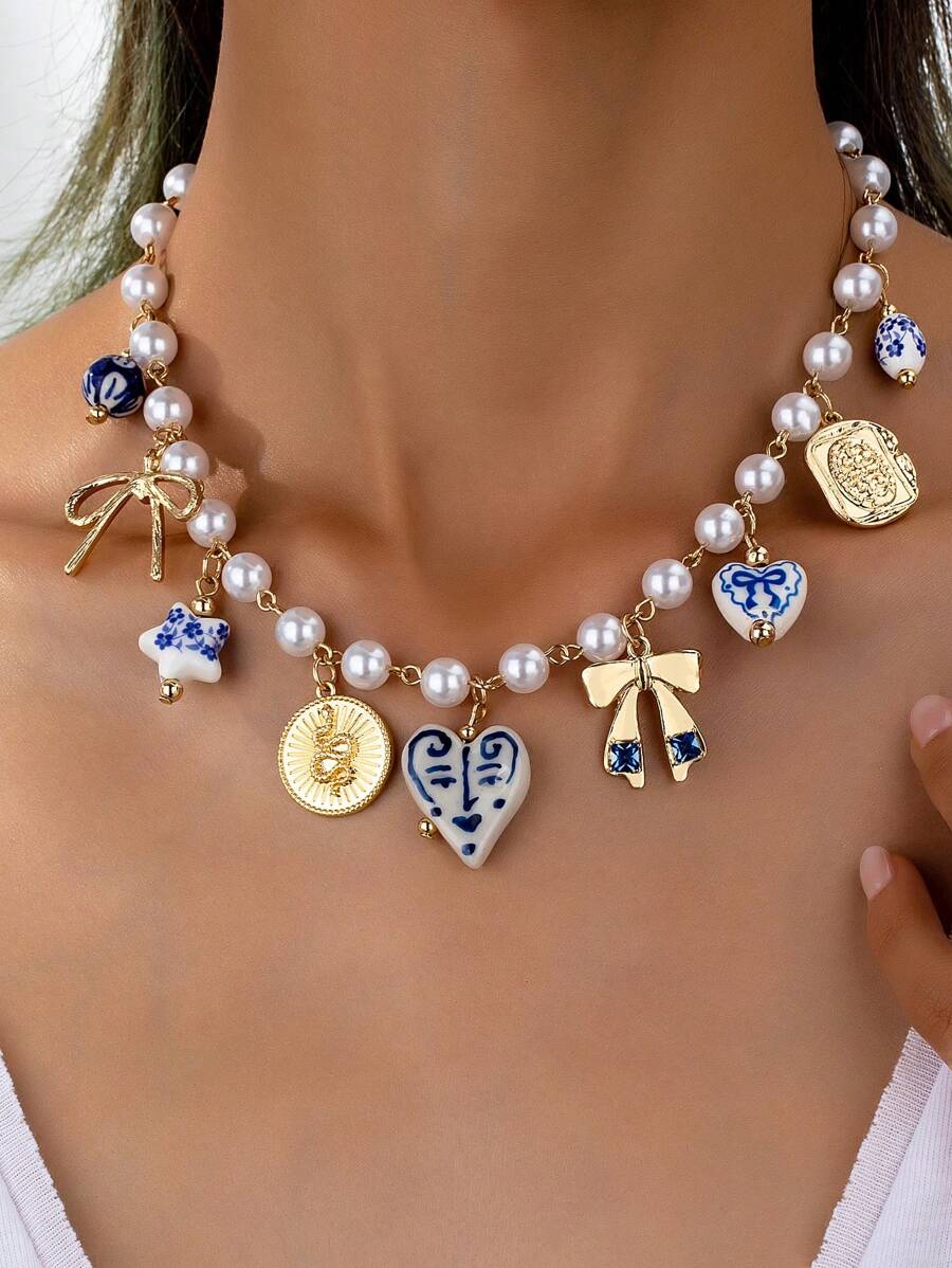 1 pièce Collier Sautoir Charme Cœur Nœud Papillon Cœur Céramique Multi, Collier Sautoir Charme Perle Imitation, Bijoux Faits Main Avec De Légères Variations De Forme Et De Motif. Saint-Valentin, Maman, Mère, Fête Des Mères, Cadeau