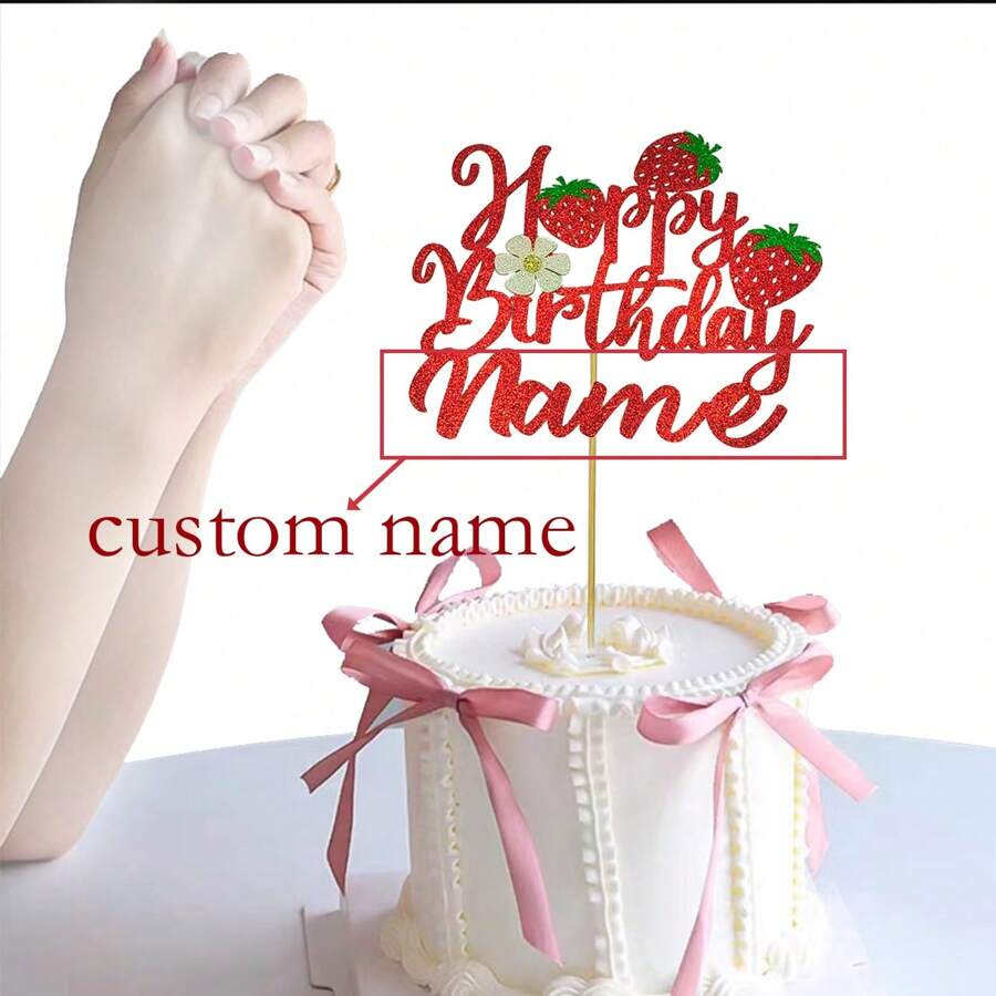 1pc Personalized Birthday Cake Hat, Customizable Nameplate Cake Top Decor, Double-Sided Glitter Card With Strawberry Element