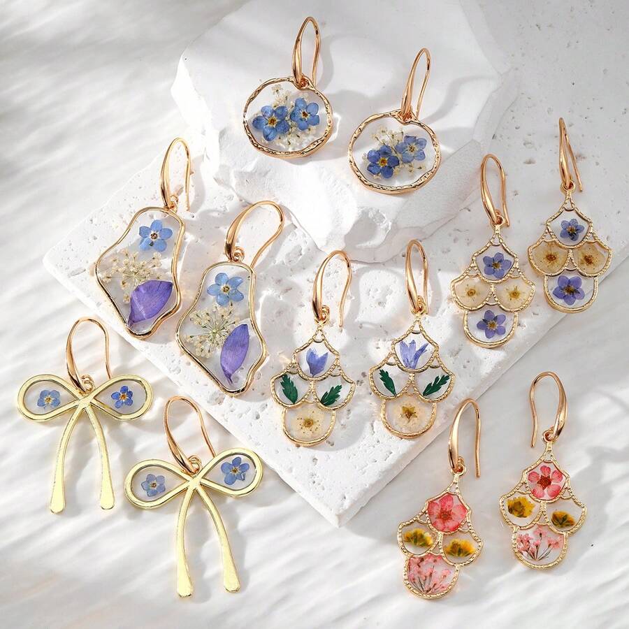 1 Pair Blue Series Preserved Dried Flower Alloy Handmade Resin Flower Drop Earrings