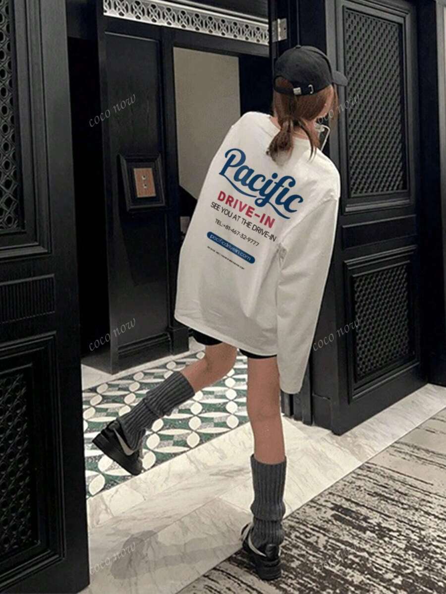 Dames Casual Letter Print Ronde Hals Oversized Schattig Los T-shirt Top met Lange Mouwen, Herfst/Winter
