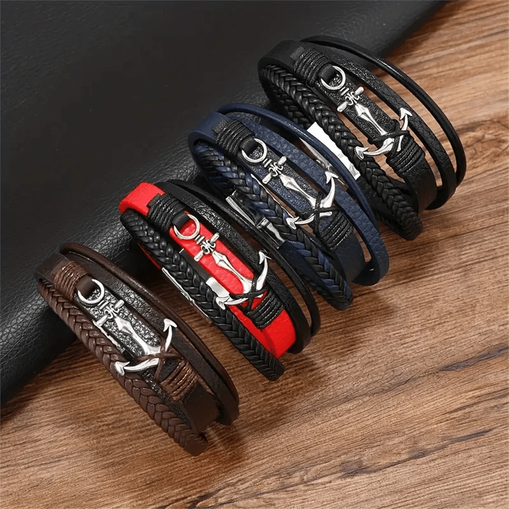 Bracelet mode pour homme , bracelet multi-fonction cool tressé multi-couches avec boucle magnétique à ancre pour homme