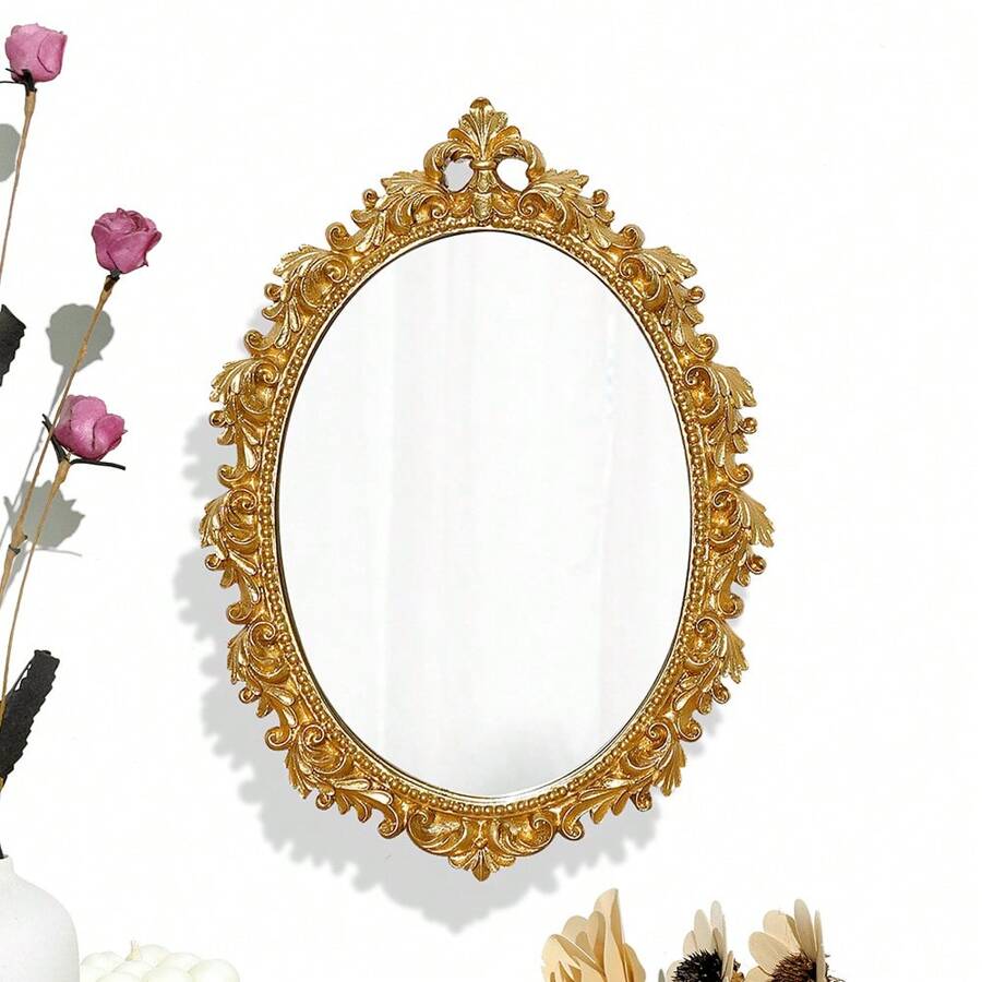 Vintage European Style Carved Decorative Accessory Gold Foil Hollow Engraved Decorative Mirror, Wall Mounted Vanity Mirror Home Bathroom Decor Fall Decor Makeup Organizer Bathroom Accessories Back To School
