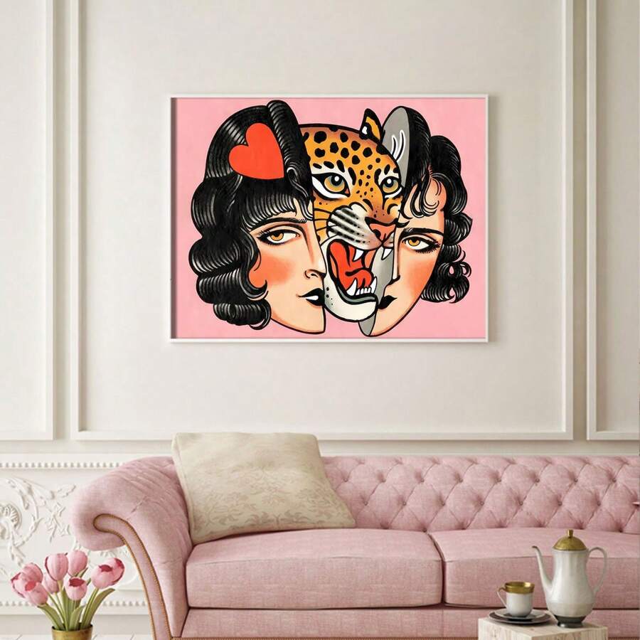 1PC Love Is Evil" Tiger Canvas Art Poster - Vintage-Inspired, Bezramowa Dekoracja Ścienna Do Salonu, Sypialni, Biura Domowego
