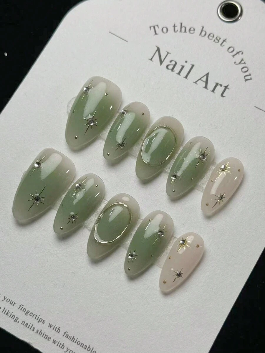10pcs Handmade Natural Almond Nail With Green Tie Dye Gold Striped Texture, 3D Star Decor, Minimalist Luxury Style False Nail Press On Nails