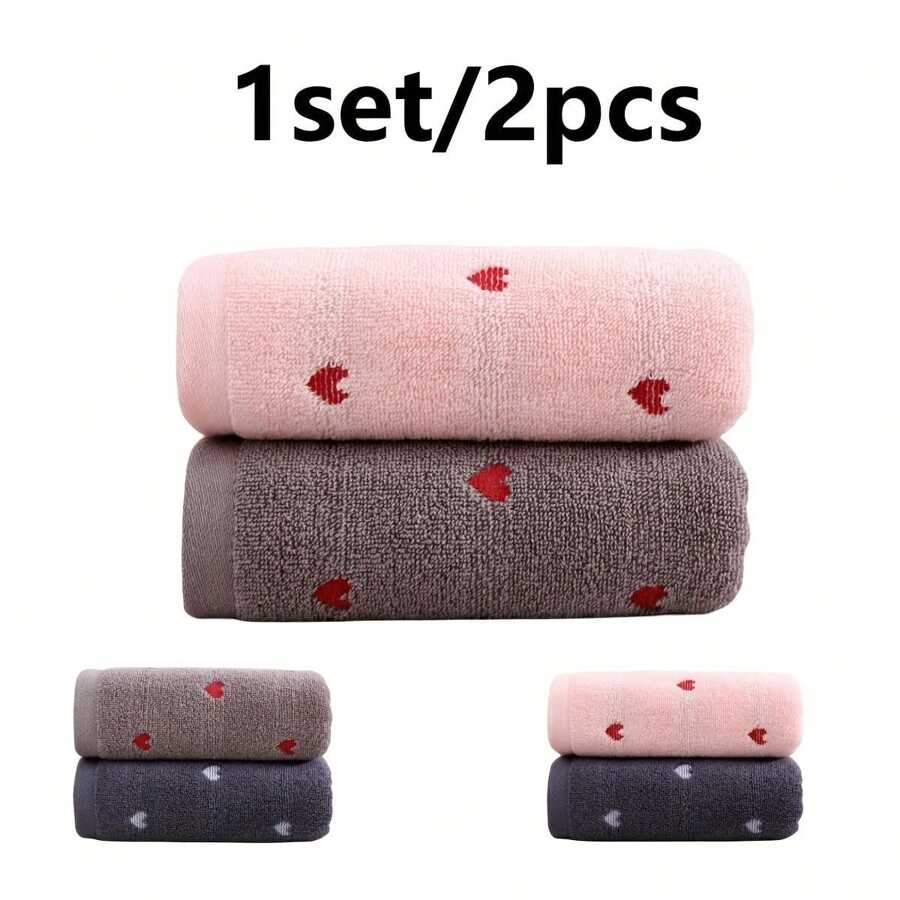 2pcs/Set Mixed Color Towel, Heart Pattern Thickened Absorbent Soft Skin-Friendly Face Towel Washcloth Bathroom Supplies, Multi-Color Combination Available For Home Use Home Bathroom Decor Fall Decor Back To School Dish Cloths Kitchen Towel
