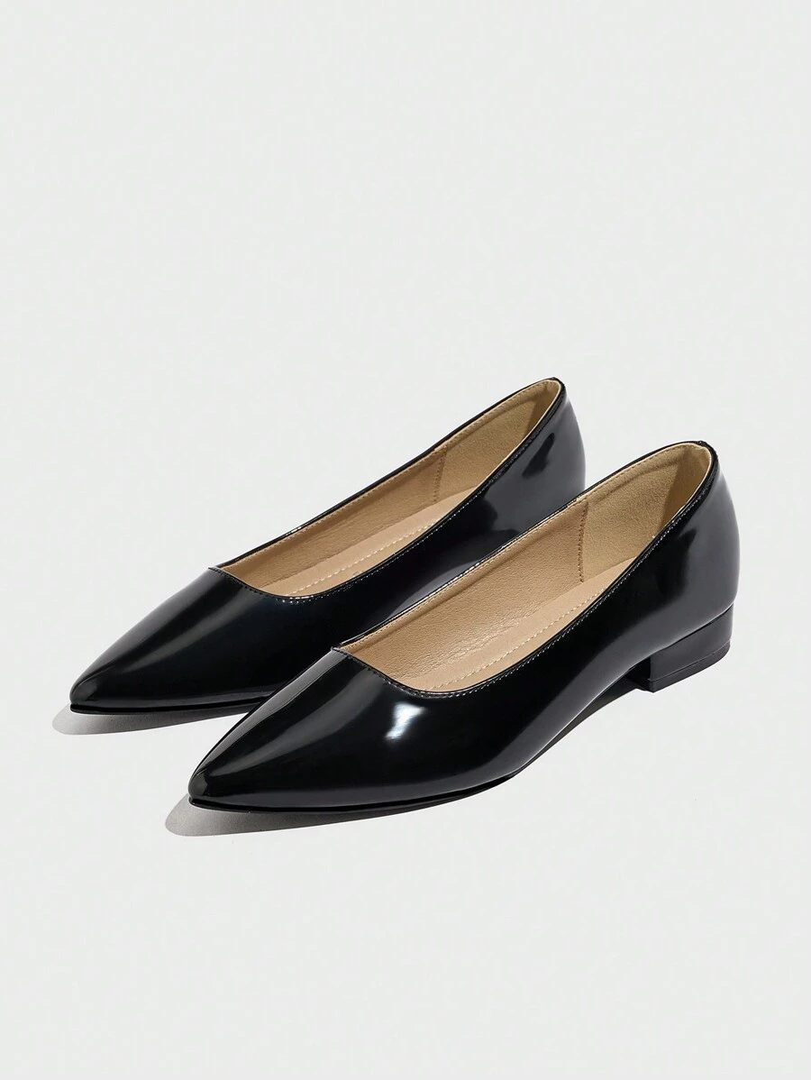 Black Patent Leather Low Heel Pumps, Casual Office Pointed Toe Soft Bottom Comfortable Non-Slip Work Shoes For Women Valentines