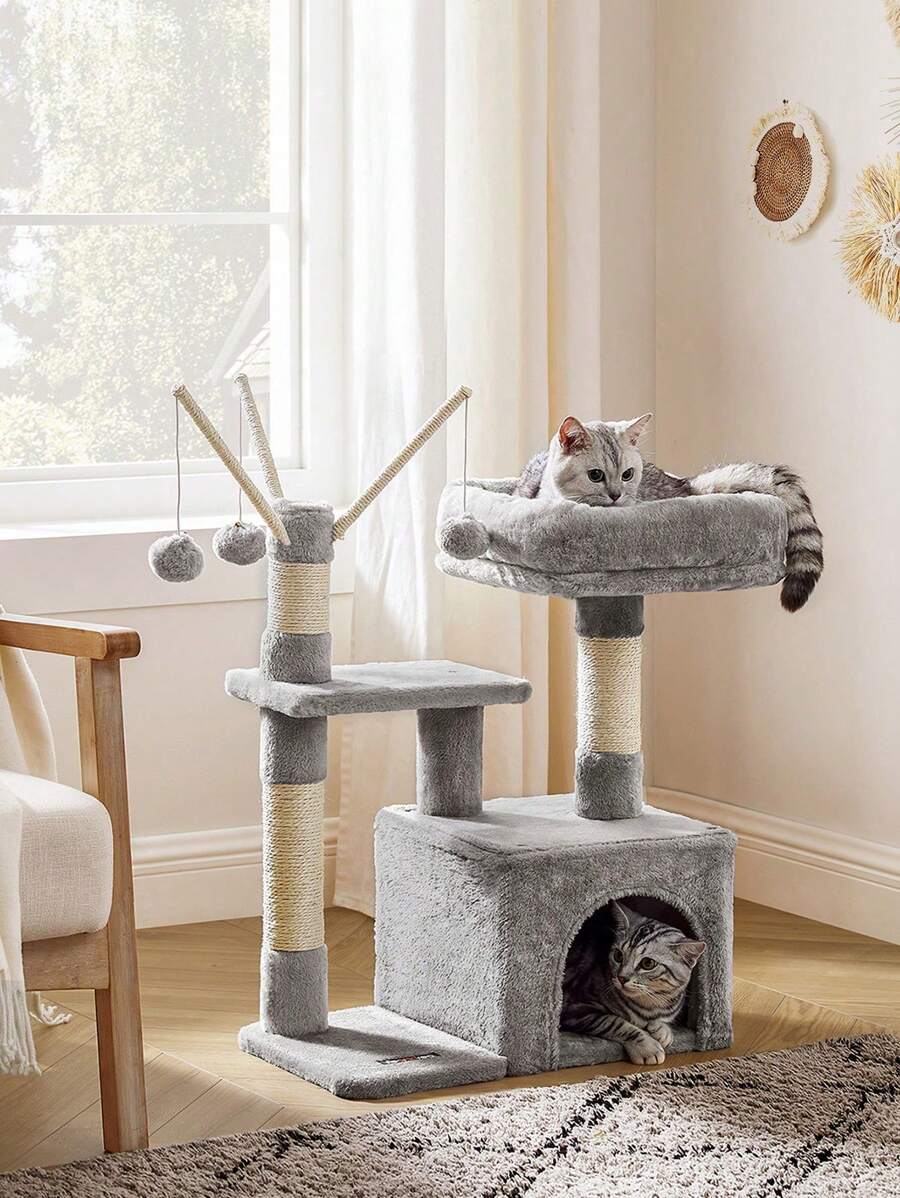 Feandrea Cat Tree, Small Cat Condo, 72 Cm, 3 Pompoms, Light Grey