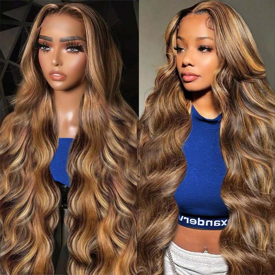 Highlight Ombre Body Wave 13x6 Lace Front Wigs Human Hair Pre Plucked With Baby Hair 4/27 Colored Honey Blonde 180% Density HD Transparent Lace Frontal Wigs Human Hair