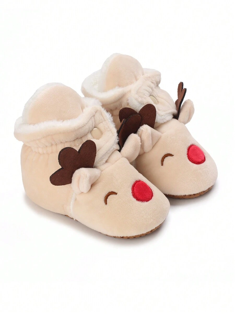 0-1 Years Old Infant Christmas Deer Design Winter Shoes, Winter Warm Booties, Soft Bottom First Walking Shoes, Comfortable Casual