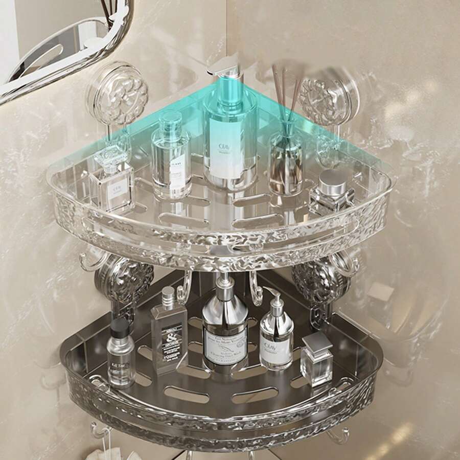1pc Corner Shower Caddy With Suction Cups, Plastic Rippled Design Bathroom Vanity Storage Shelf, Wall Mounted No Drilling Detachable Easy Clean Tray, Transparent Grey Bathroom Corner Space Organizer With Towel Bar Bathroom Decor Summer Back To School