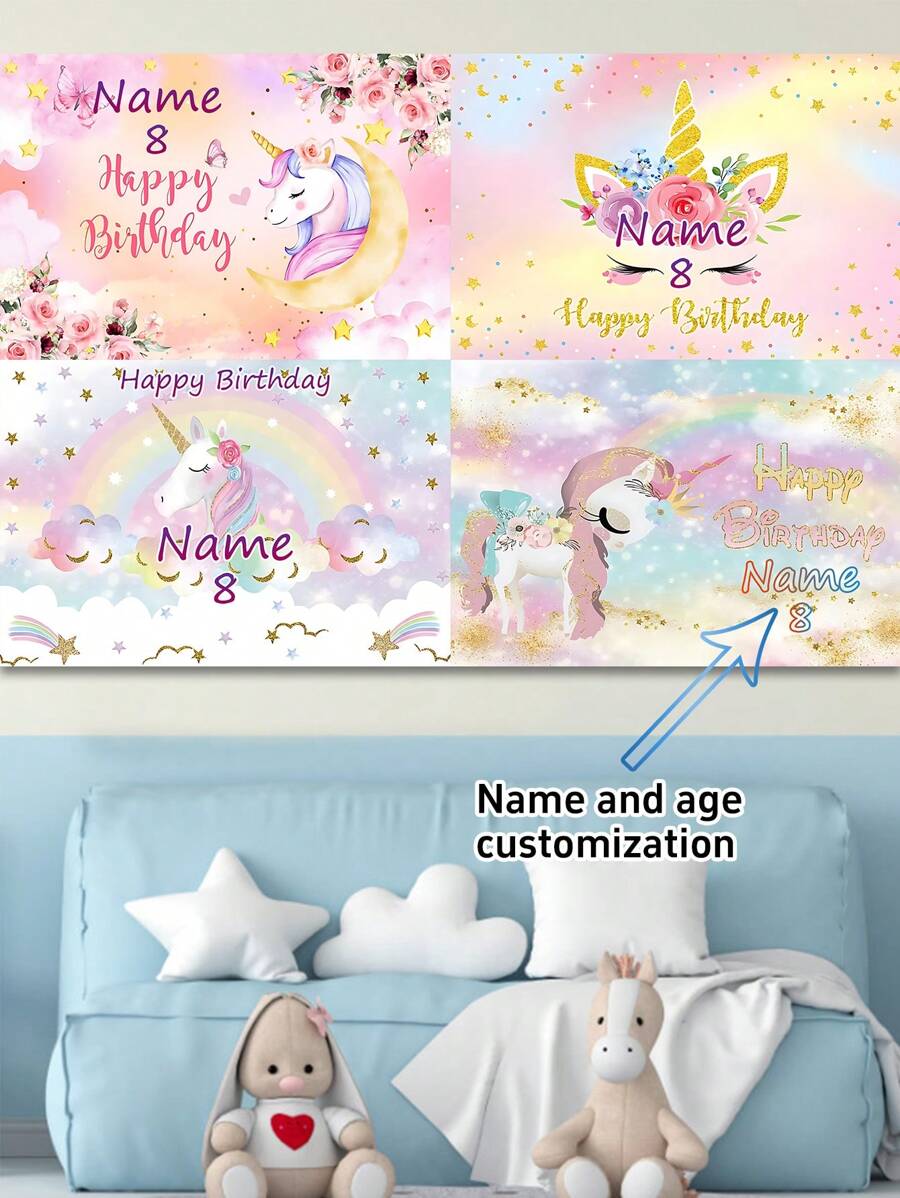 1pc Customized Rainbow Unicorn Happy Birthday Party Decoration Watercolor Floral Glitter Stars Photography Backdrop, Customizable Name And Age