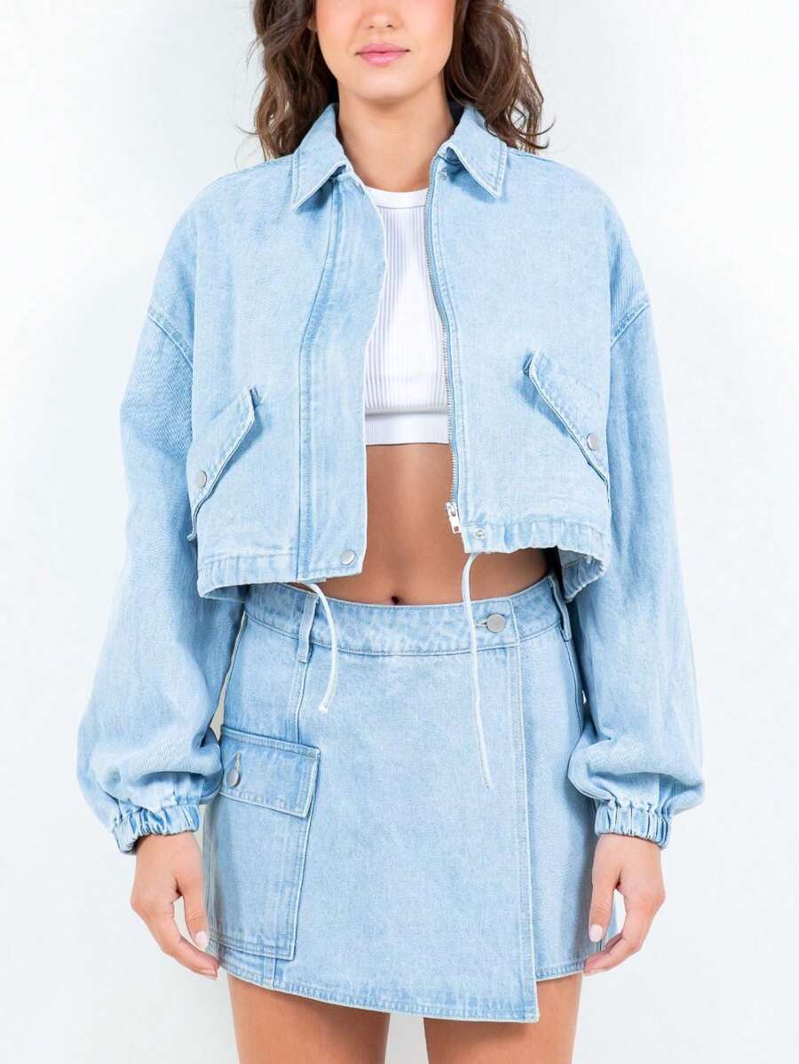 Women's Casual Denim Jacket Basic Drawstring Waist Crop Denim Top Relaxed Fit Light Blue Long Sleeves Zip Up Closure Solid Color Perfect For Spring/Summer/Fall Any Occasion