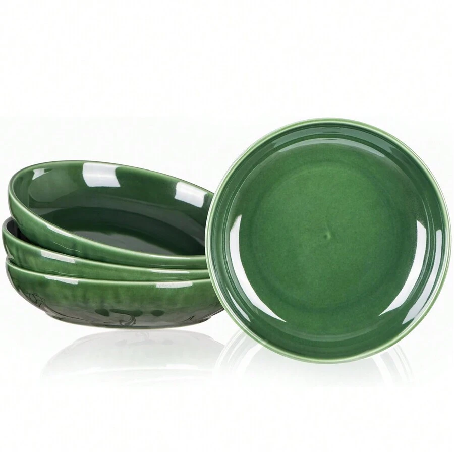 Vicrays Salad Pasta Serving Bowls - Large Ceramic Wide Shallow Bowls Set 47 Ounces Big Dinner Plates Bowls Porcelain 10 Inch Low Flat Design Soup Bowl Microwave Dishwasher Safe (Green)