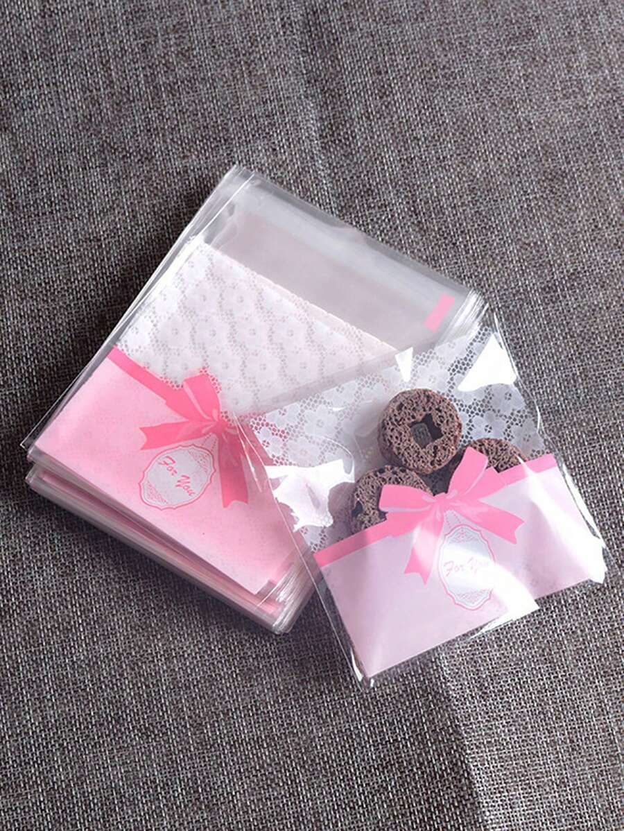 100pcs White Flower Bow Self-Adhesive Candy Cookie Packaging Bags