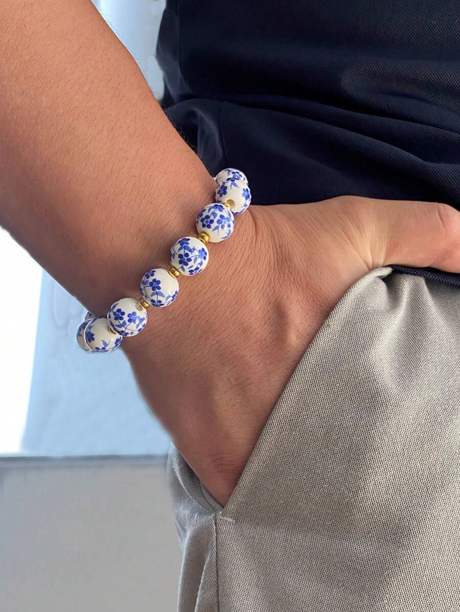 MESTILO 1 pulseira de contas de aço inoxidável banhada a ouro 18K, design de porcelana imitada, cordão elástico