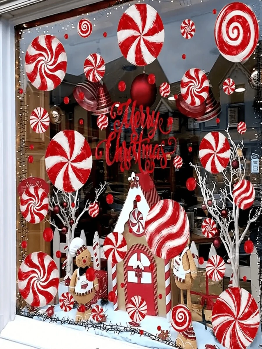 73 pièces/9 feuilles Décorations de fenêtre adhésives Candy de Noël, autocollants statiques réutilisables rouges Candy Gingerbread Man, convient pour les décorations de fête de Noël sur verre