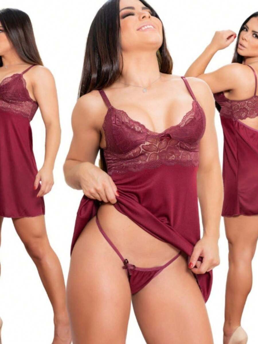 Camisola pijama feminina com renda e calcinha sexy