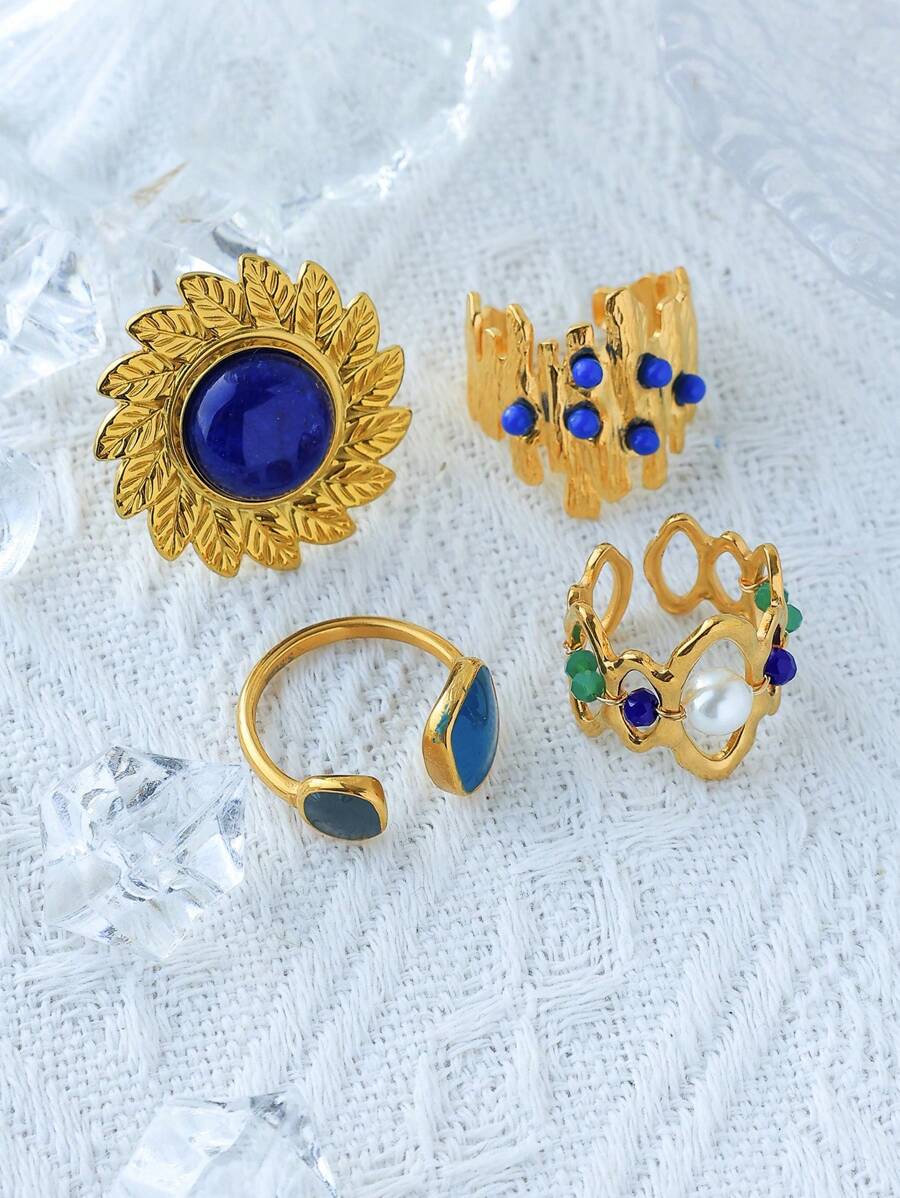 Mazuer 1 Stück vintage goldfarbener vielseitiger eleganter modischer saphirblauer Blatt Blumen doppelseitiger Tropfen Öl Baumstumpf Schmuck Ring, modisches Accessoire Geschenk für Frauen, geeignet für Strand, Party, täglichen Weg zur Arbeit, Urlaub