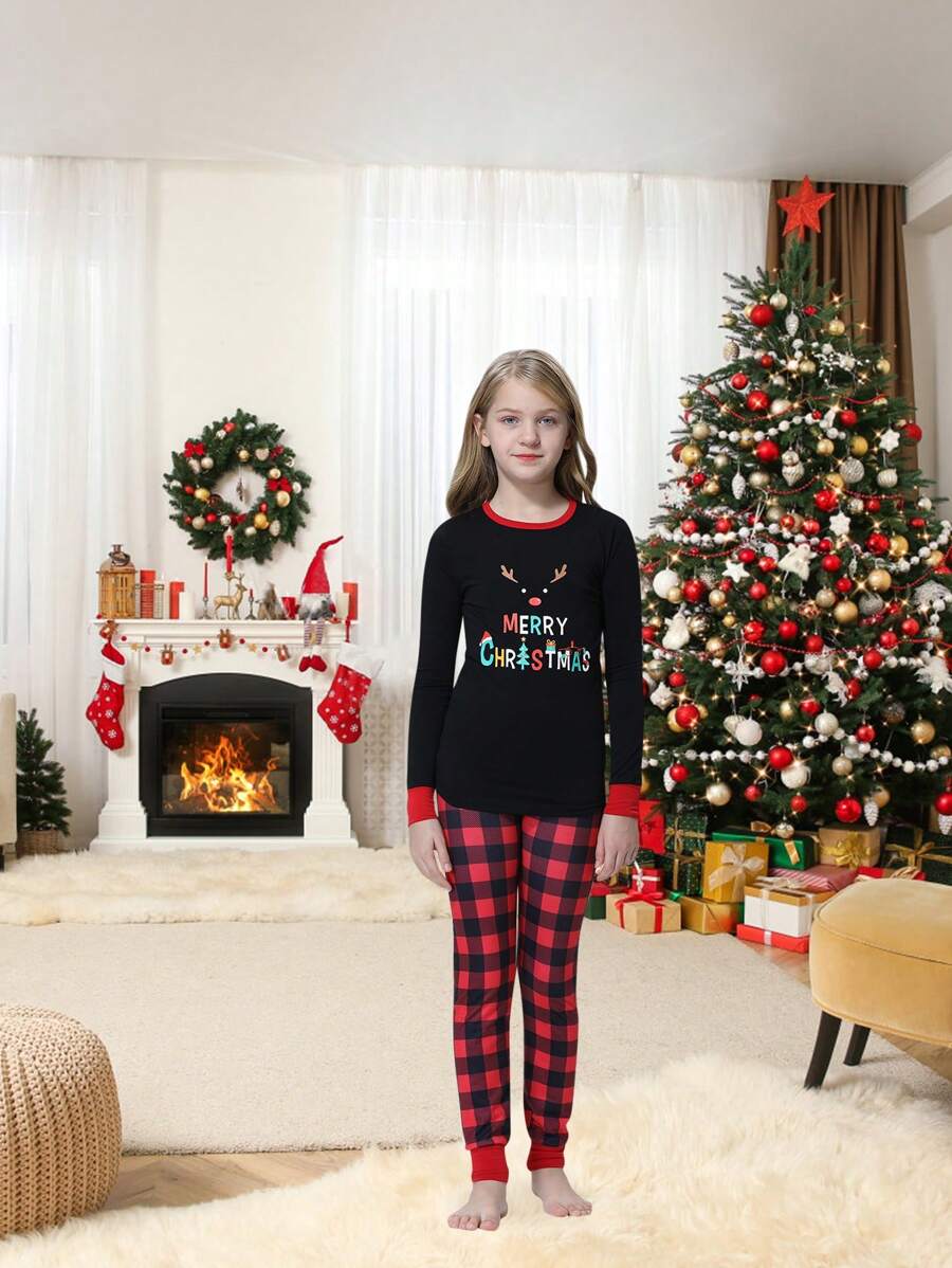 2 Peças Conjunto de Pijama Confortável para Combinação Familiar da Menina Pré-adolescente no Natal, Top de Manga Longa com Estampa Xadrez de Veado Divertido e Calça, Roupa de Descanso Aconchegante da Família para Férias