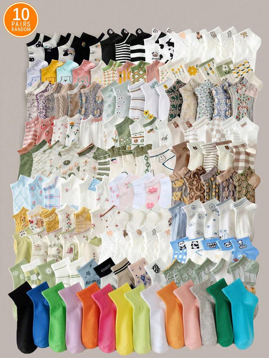 10pairs/Pack Random Cute Cartoon Animal & Strawberry Patterned Women Short Socks, Comfortable And Breathable
