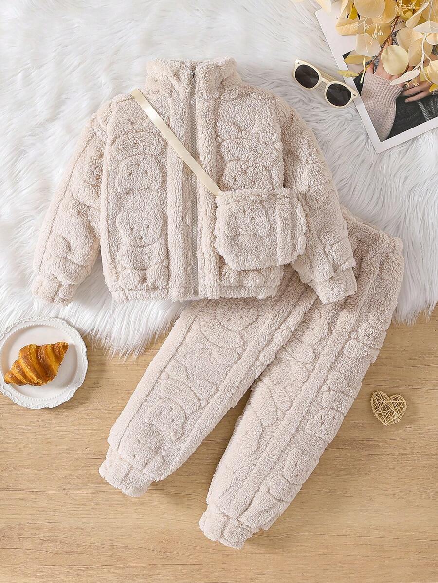 3 Stücke Mädchen Winter Outfit Set: Plüschbär Muster Fleecejacke, Hose und Mini Umhängetasche