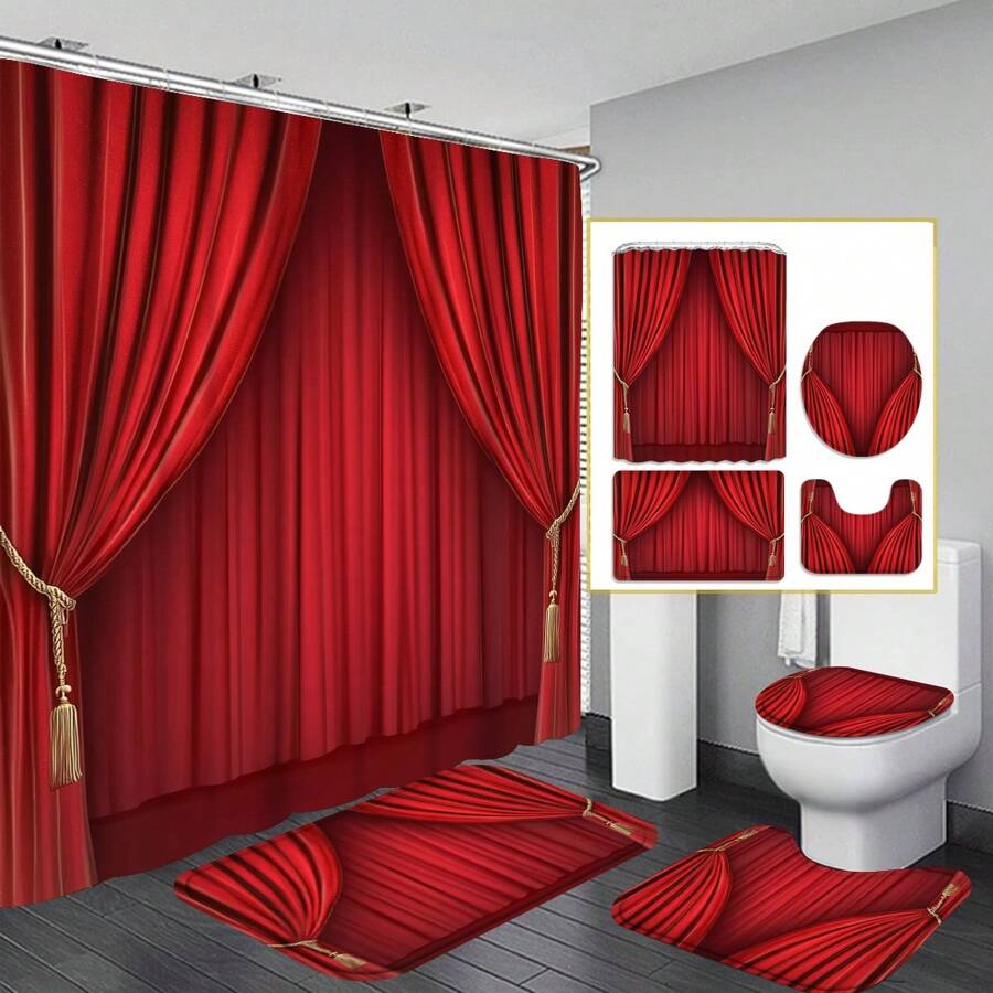 1 pezzo/4 pezzi Set bagno con tendina da palcoscenico teatrale vintage, tendina da doccia con sfondo di palcoscenico classico, tappetino da bagno, copri wc, tappetino antiscivolo a forma di U, tenda divisoria impermeabile per bagno, accessori per la decorazione della casa, set per la decorazione del bagno, con 12 ganci a forma di C inclusi, accessori per il bagno estivi, articoli di ritorno a scuola, 180 cm x 180 cm
