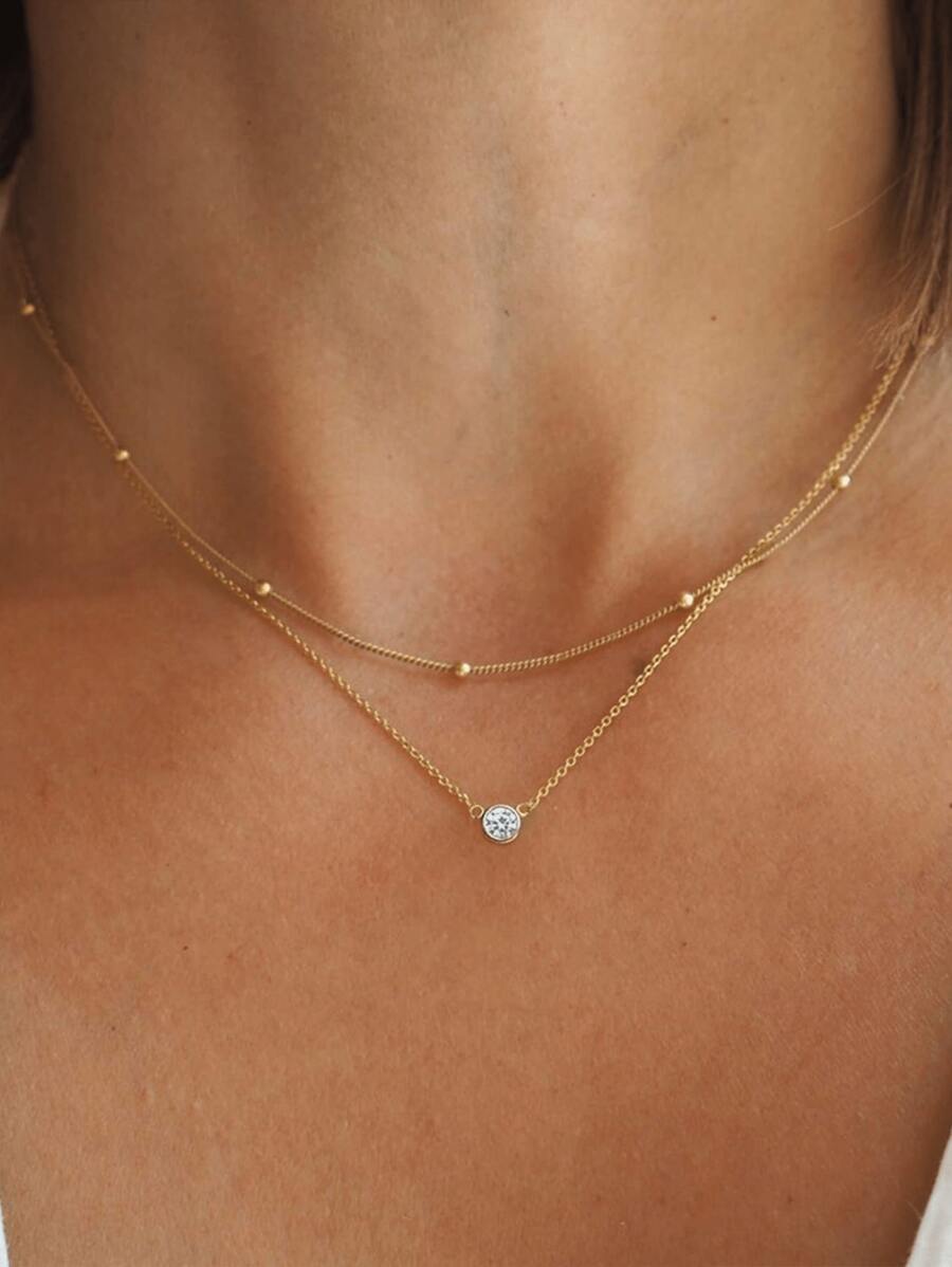2 piezas Collar de cadena de doble capa con colgante de circonita esférica, collar gargantilla minimalista y brillante de moda versátil para niñas y mujeres, regalo para amigos, familia, Año Nuevo