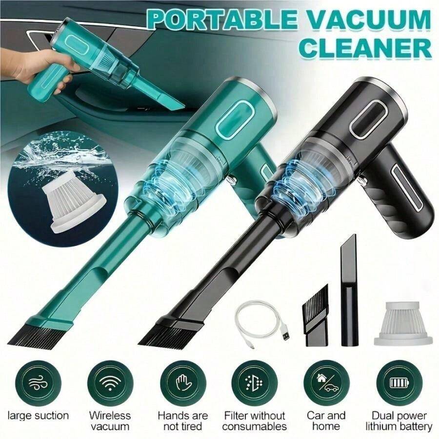 1 pièce Aspirateur de voiture sans fil rechargeable avec double filtre, aspiration puissante, portable, à main, mini souffleur de poussière pour la maison et l'automobile