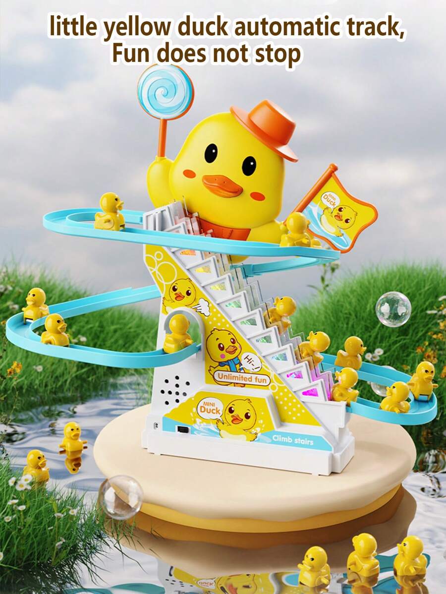 1pc Duckling Stair Climbing Toy, Electric Track Auto Climbing Duck With Lights & Music, Educational Toy, Holiday Gift