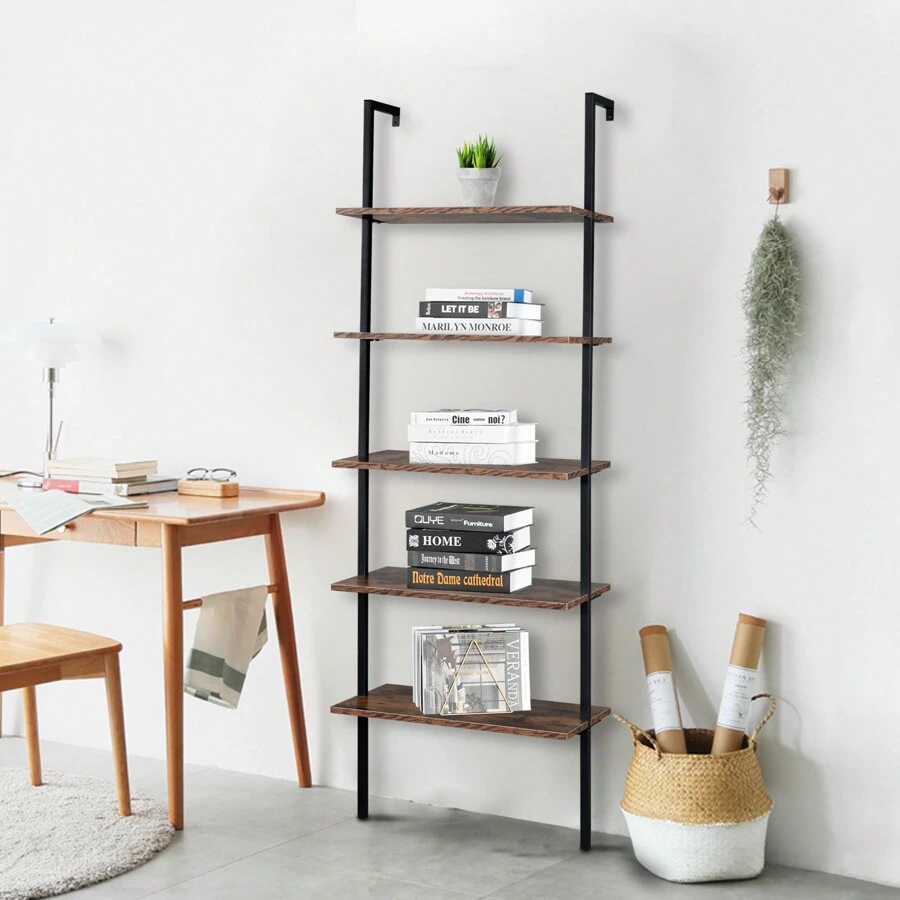 Industrial Wall Mounted Bookcase 5-Tier Open Ladder Shelf Bookshelf With Metal Frame, 23.6" L X 11.8" W X 70.9" H
