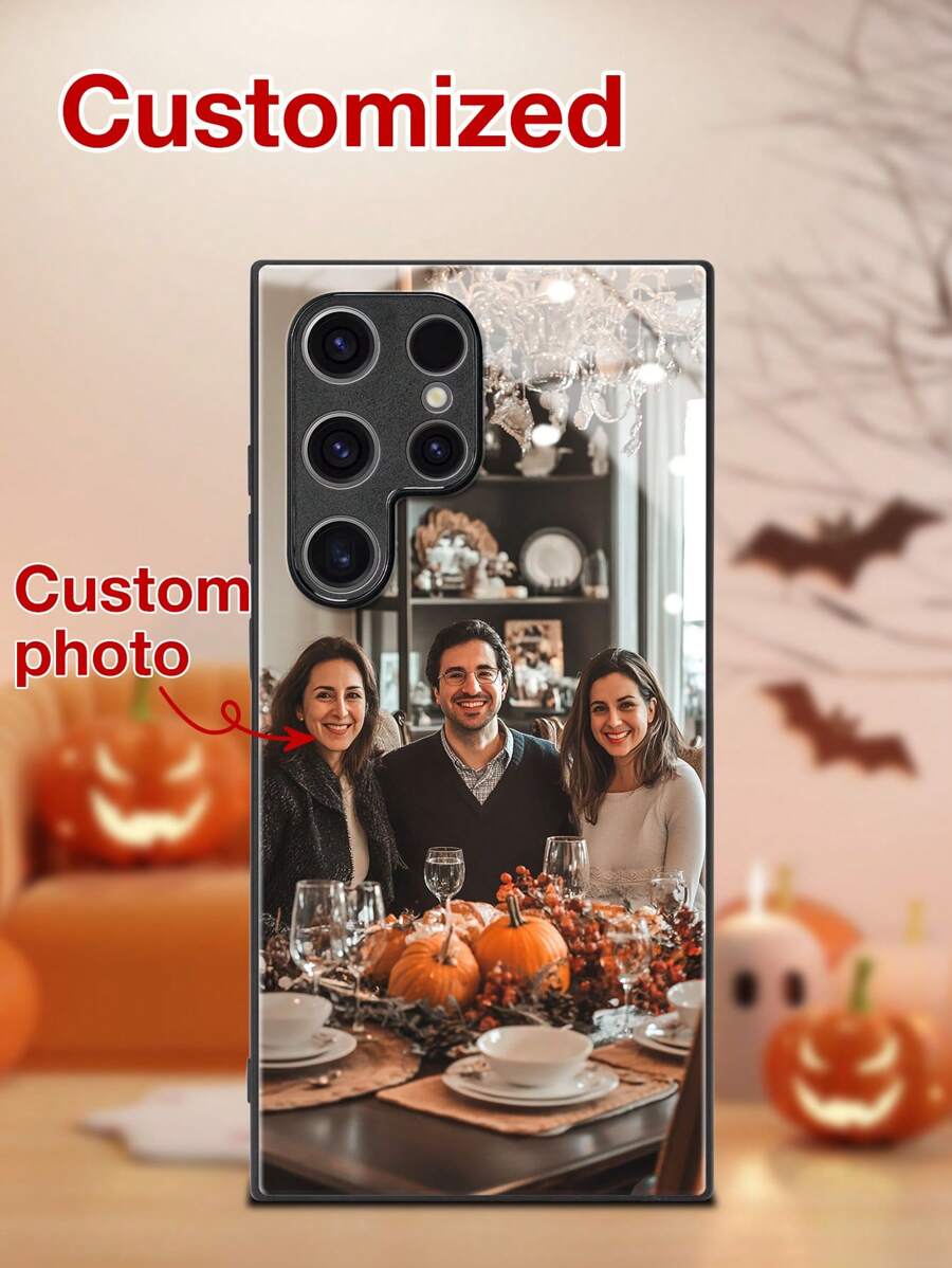 1pc Customized Thanksgiving Family/Couple/Child/Pet Photo High-Definition Glass Phone Case Compatible With Iphone 16 ProMax/Samsung S24 Ultra/Redmi//OnePlus And Other Models