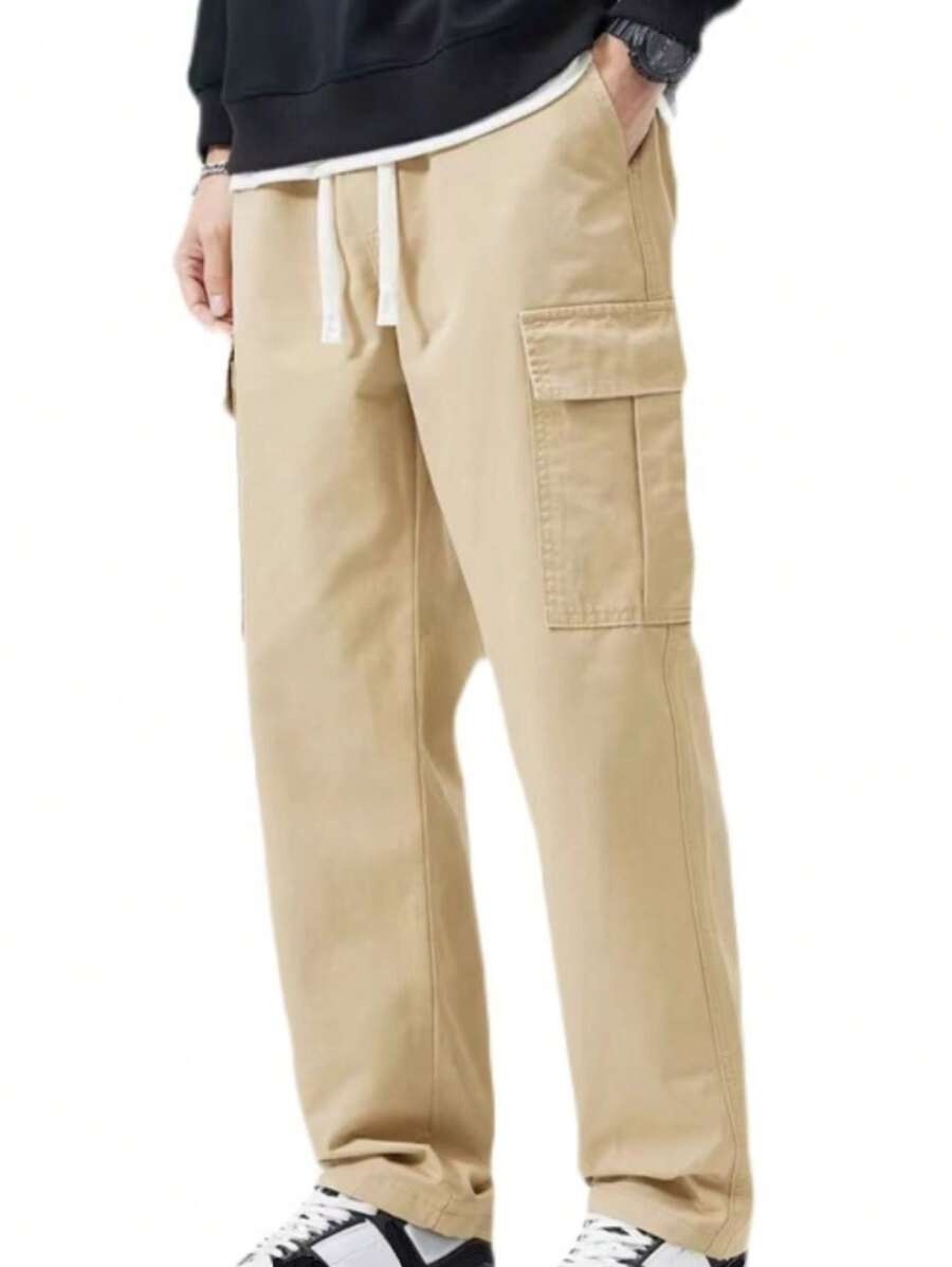 Calça reta casual de rua com bolso grande e bolso grande