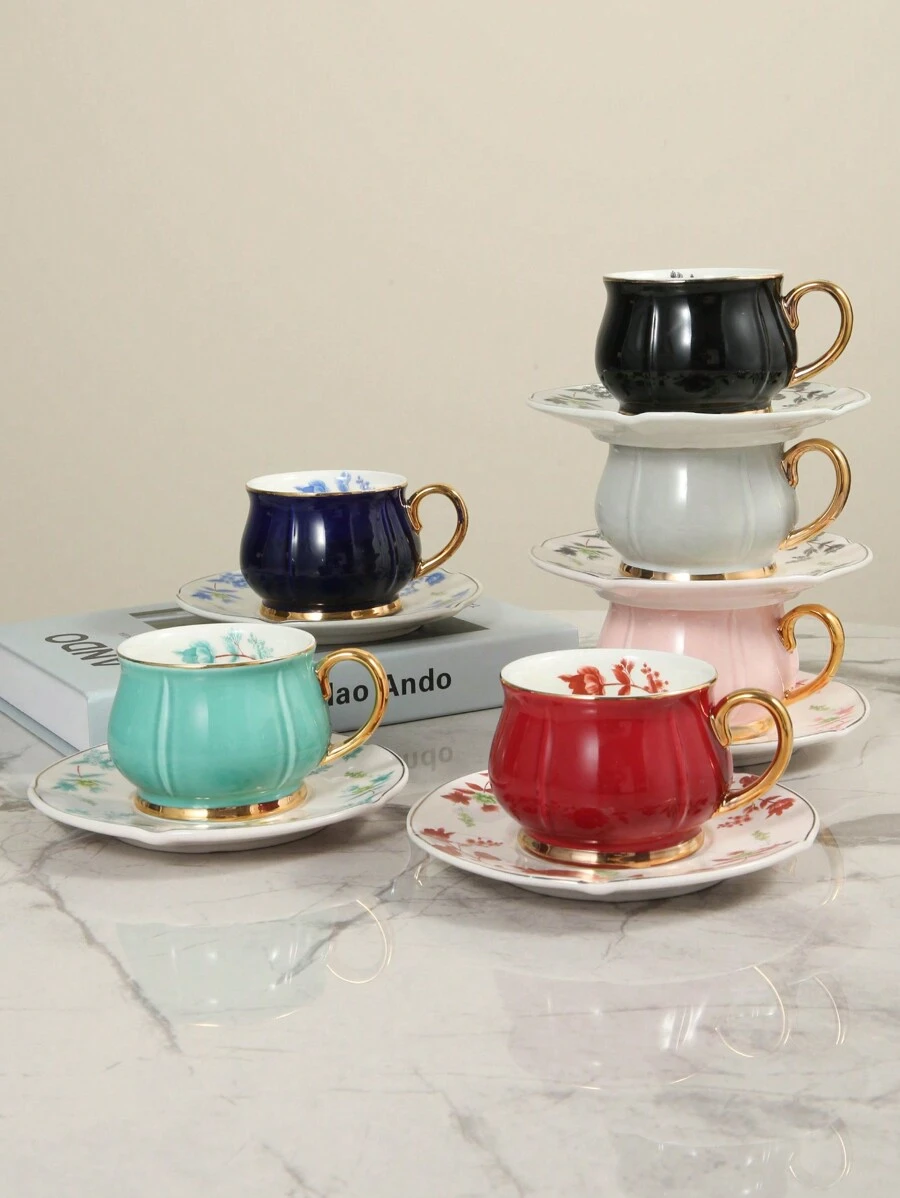 1 Stück hochwertiges Keramik Kaffeetassen-Set mit Untertasse, 6 Farben erhältlich, geeignet für Zuhause, Büro, Café, Partys und Veranstaltungen, Rückkehr zur Schule