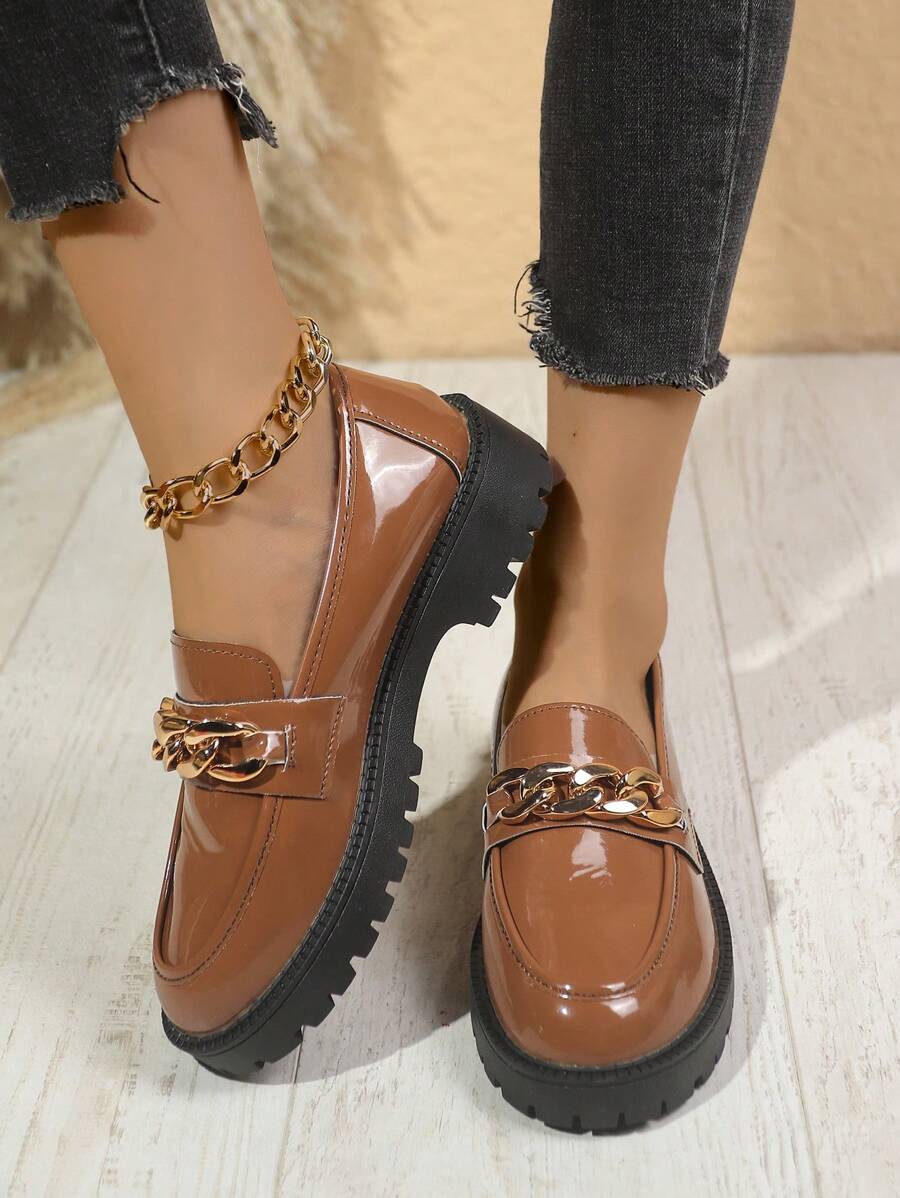 Women Slip-On Flat Loafer Shoes, Fashion Chain Decor Button Round Toe Low Heel Black Patent Leather Women Flats