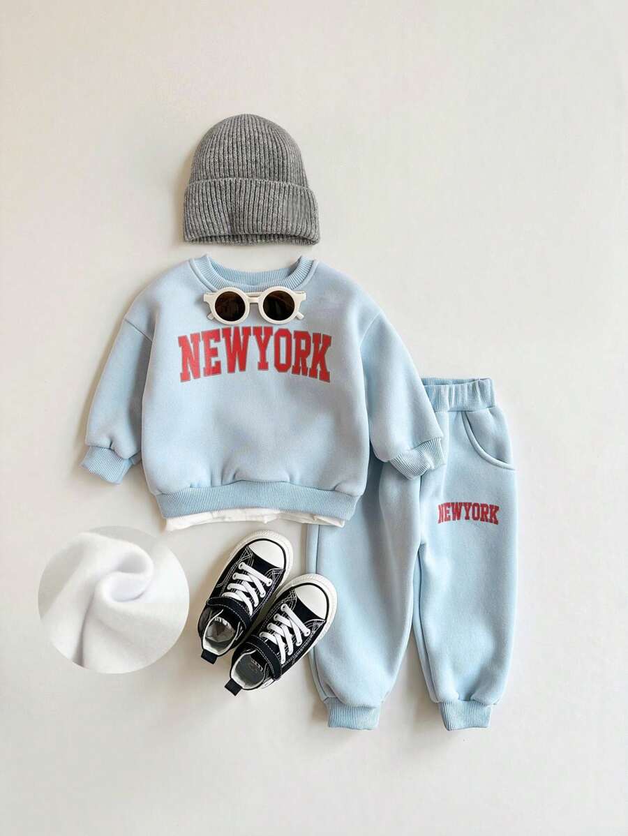 2 stuks/set babyjongen letterprint lange mouwen sweatshirt & sportbroek dikke thermische gevoerde set, herfst/winter