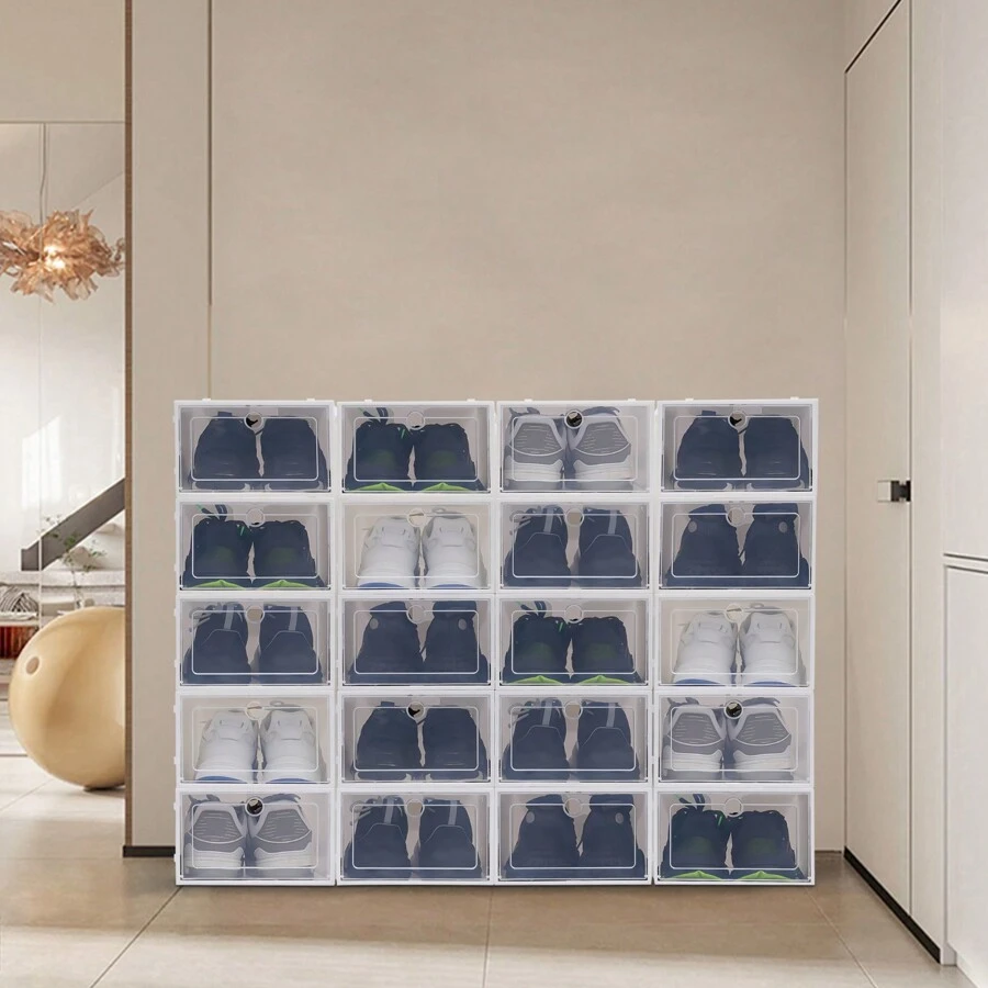 20Pcs Shoe Storage Cabinet ,Sneaker Shoes Plastic Organizer,Case Stackable(White, Clear/ Each Box: 33*23*14cm/13*9.1*5.5in(L*W*H))