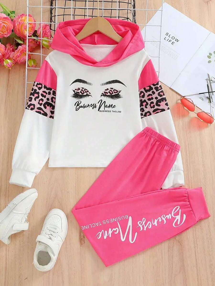 Ropa para niña preadolescente: Sudadera con capucha de manga larga con estampado de leopardo y pespuntes, talla grande pantalones con estampado de letras