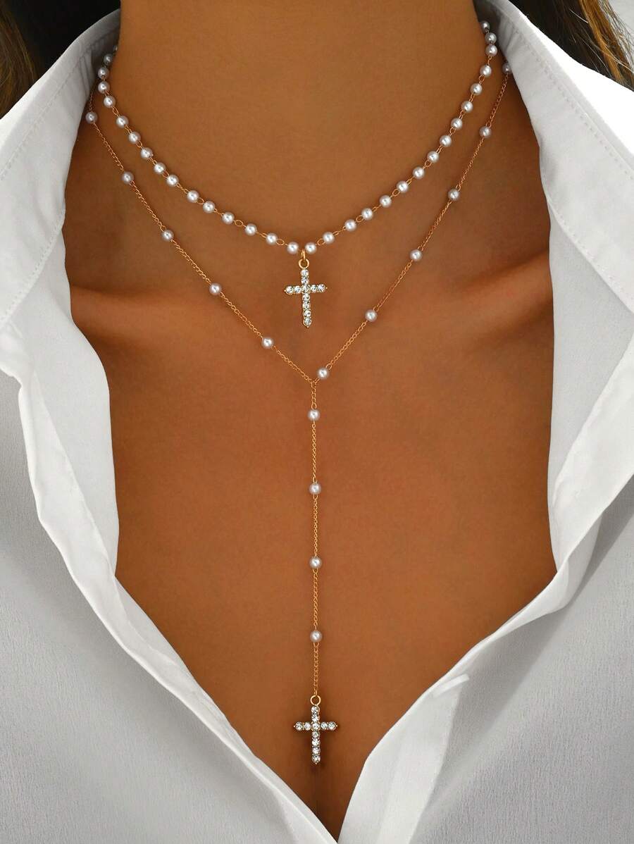 2pcs/Set Handmade Faux Pearl Glass Rhinestone Cross Pendant Necklace, Y-Style, Adjustable Length, Fashionable For Women, Suitable For Daily Wear, Shopping, And Photo Shoots