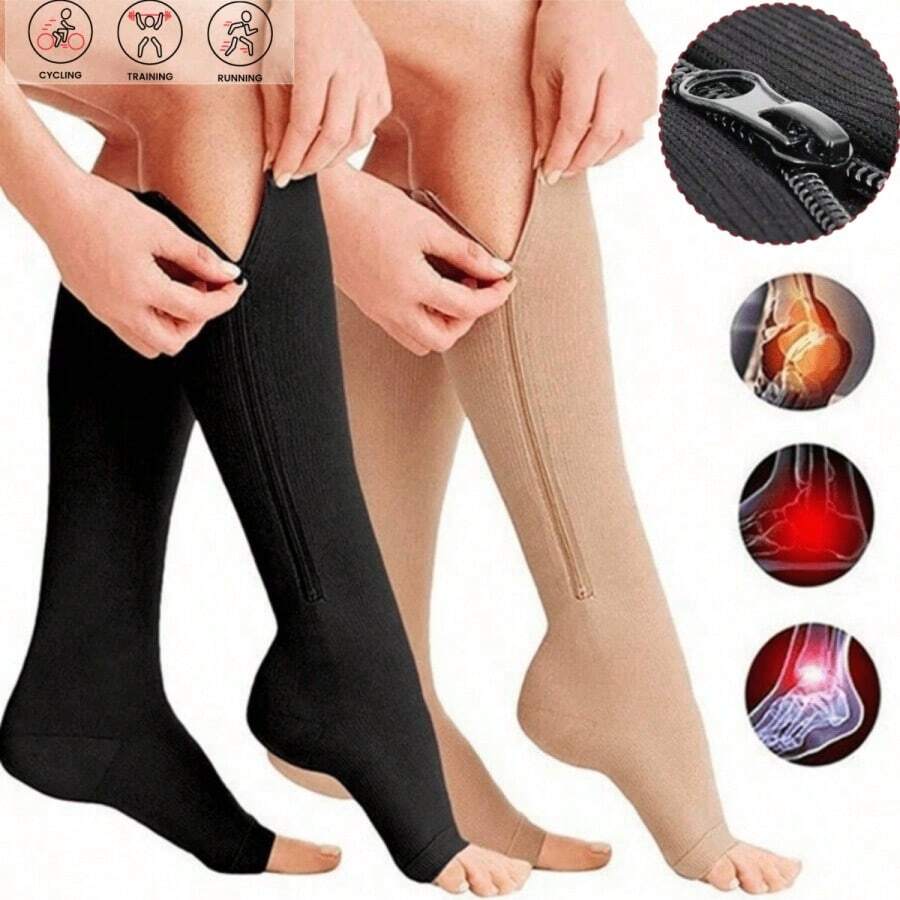 Zipper Compression Socks For Men And Women - Calf & Knee High 15-20mmHg Toe Open Compression Stockings, Suitable For Sports